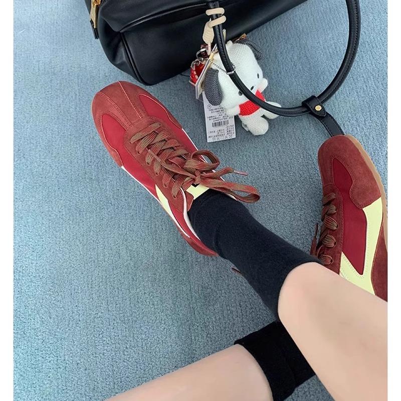 Korean Atmosphere~ Soft Leather Retro Inner Height Increase Color Matching German Training Shoes Women's Fashionable Casual Style Lace-up Forrest Gum