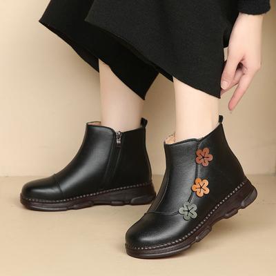 Wintermode Echtes Leder Plüsch Warme Stiefeletten Damen Weiche Bequeme Flache Schuhe Weiblich Lässig Leichte Baumwollstiefel