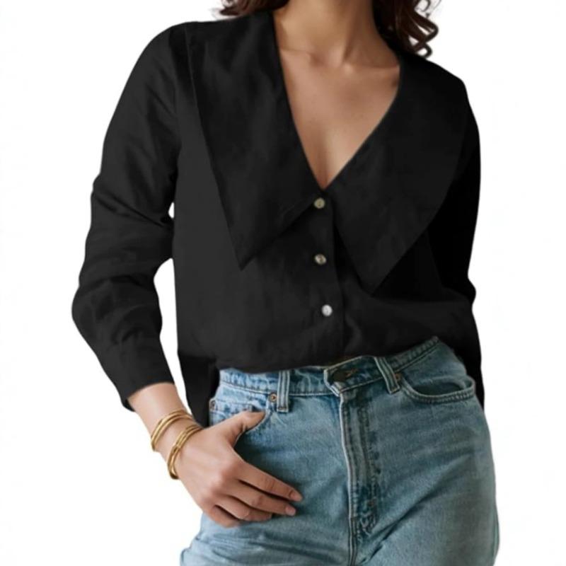 Women S French Style Oversized Lapel Long Sleeve Cotton Linen Shirt S