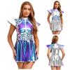 Women‘s Futuristic Sequin Mini Dress S-3XL: Metallic Gradient Patchwork & Fly Sleeves for Space-Themed Party & Halloween