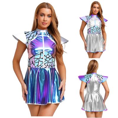 Complete Women‘s Alien Astronaut Halloween Costume S-3XL: Gradient Sequin Mini Dress with Metallic Patchwork & Fly Sleeves