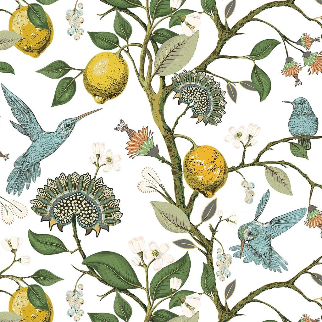 Tapet autoadeziv galben cu coajă de lămâie, floral, cu colibri, pentru decorarea suprafeței sertarelor de bucătărie, impermeabil