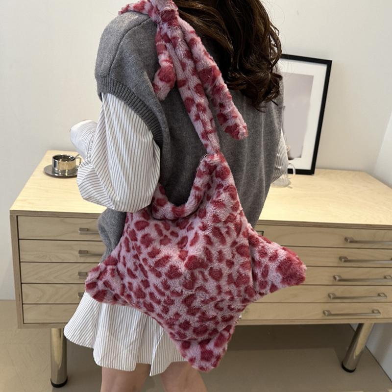 Star Leopard Print Plush Crossbody Bags for Women Furry Large Capacity Girls Shoulder Bag Vintage Tote Handbags Female Purse KTY