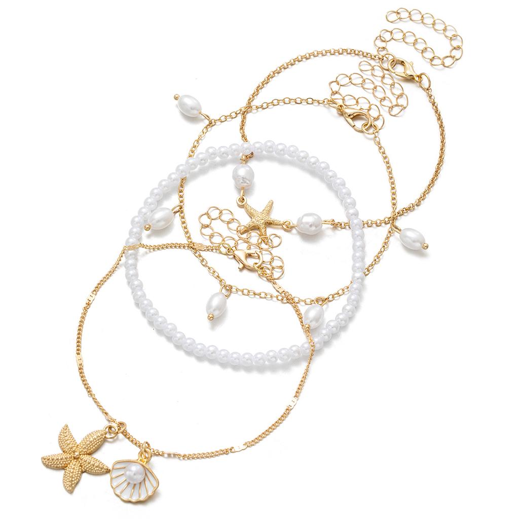 Ocean Style Multi-Layer Anklet Set, Imitation Starfish & Shell Pendants, Faux Pearl Beaded Anklet, Beach Vacation Accessory
