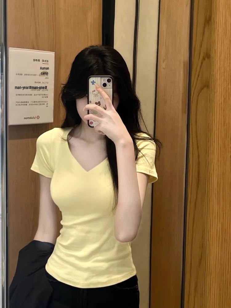 

Goose Yellow V-neck Fitted Women s Cinched Waist Bodycon Summer Top with Straight Shoulders and Short Sleeves (2025 New) Small