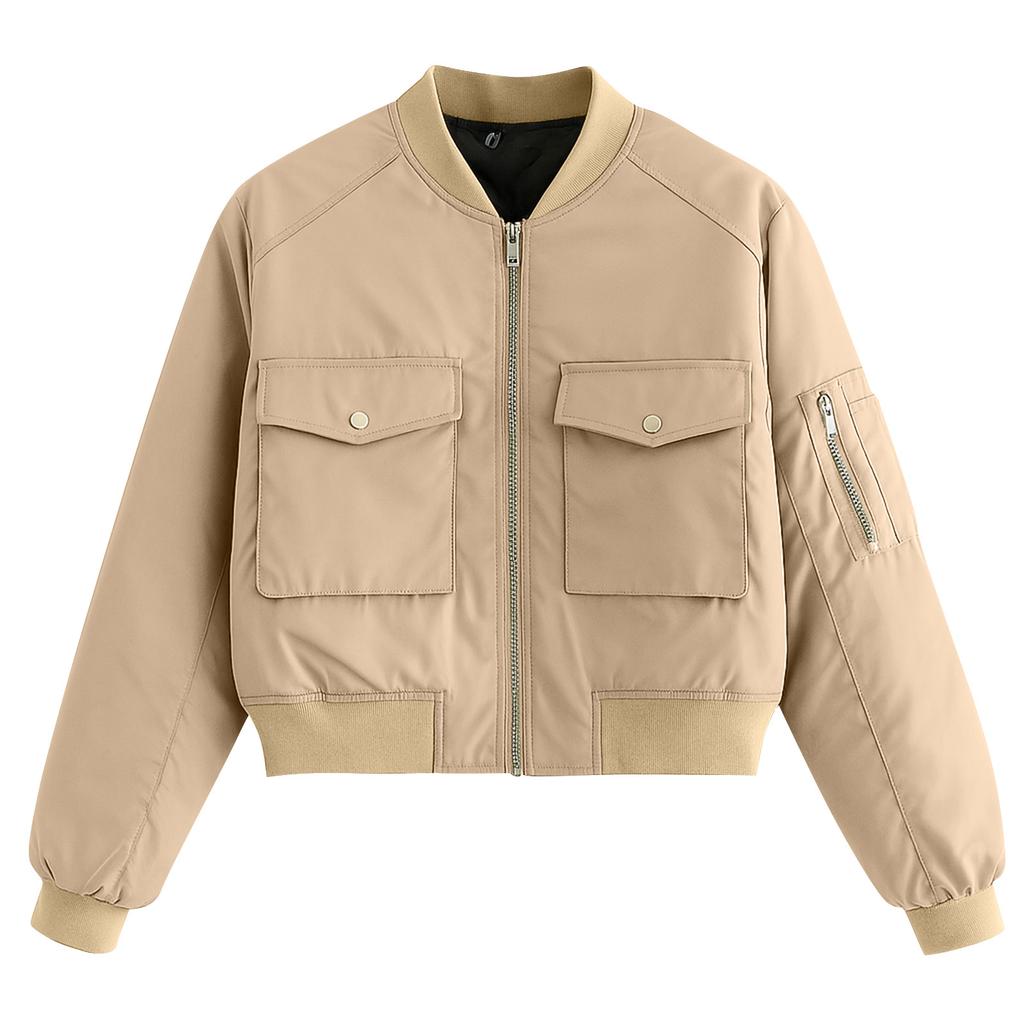 Ladies' Solid Color Fashionable Large Pocket Long Sleeved Zipper Casual Top  Jacket Jacket