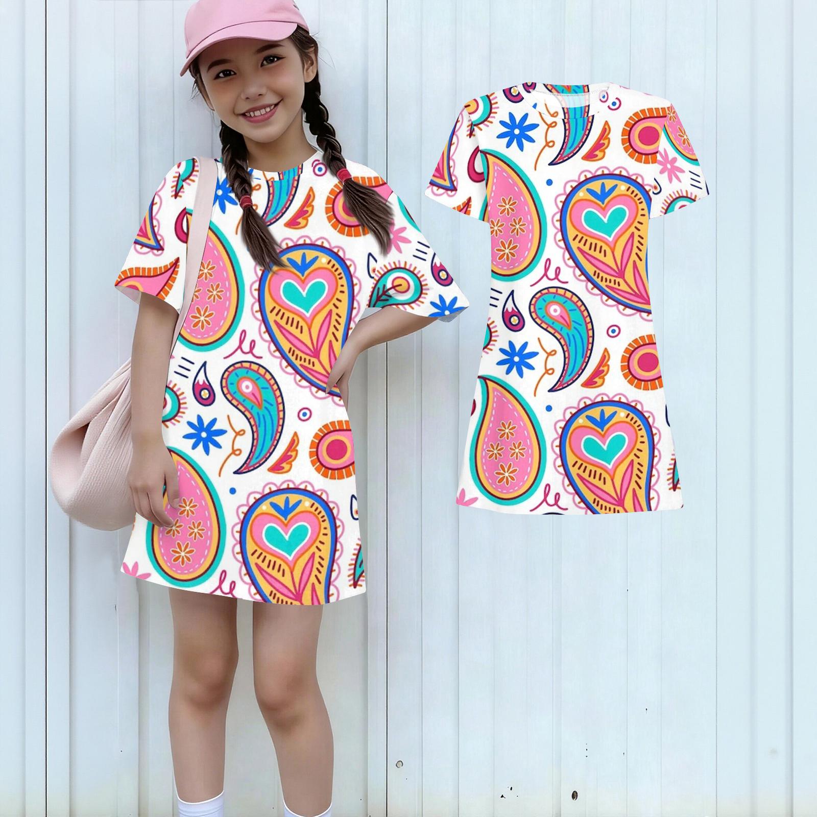 Girls Print Casual Dress Kids Loose Round Neck Short Sleeve Thin Sundress 100 синий