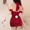 Dengmi Velvet Bunny Girl Sequin Lingerie - Red Strapless Christmas Dress for Women
