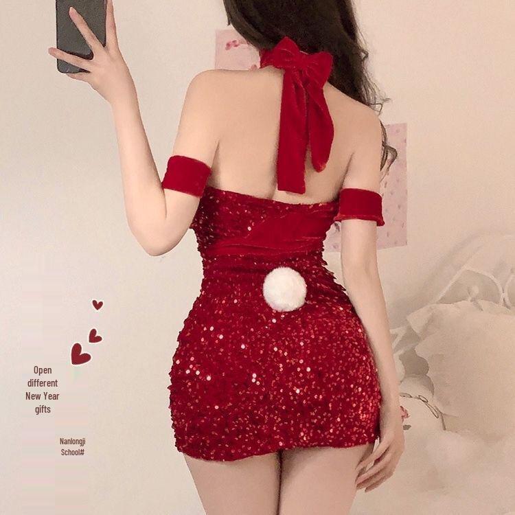 Dengmi Velvet Bunny Girl Sequin Lingerie - Red Strapless Christmas Dress for Women