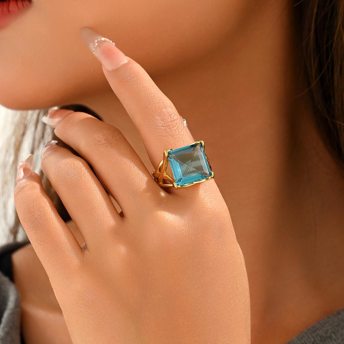 

Luxury Square Blue Simulated Diamond Ring Gold Color Crisscross Band Bold Statement Cocktail Ring for Women