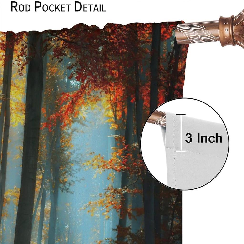 Red Blue Forest Curtains Burgundy Tree Mystic Foggy Woodland Scene Gothic Jungle Leaf Botanical Nature Art Printed Living Room B