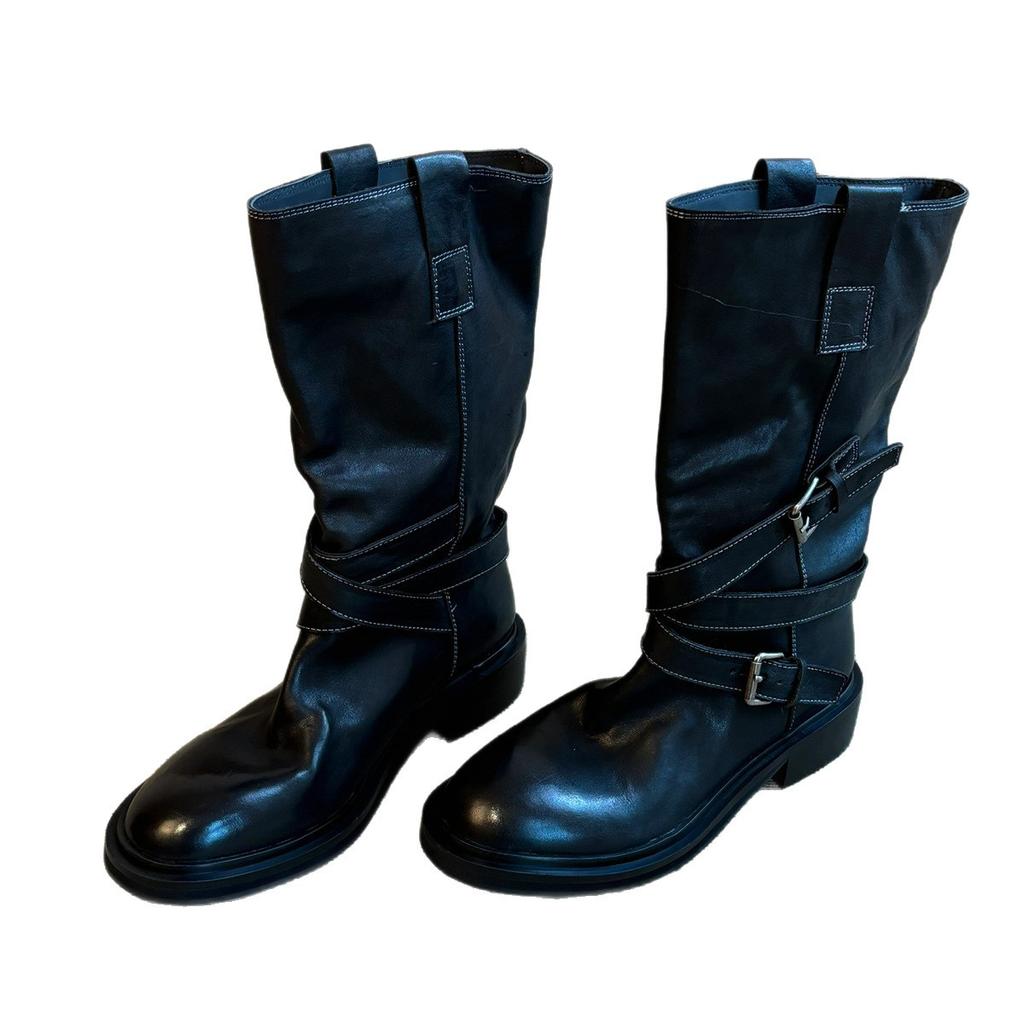 Retro round head versatile belt buckle medium boots western cowboy boots slim thick-soled fried street versatile knight boots