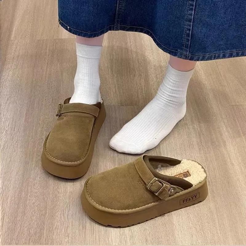 

Fashion Fashion Women Fur Slippers 2025 Winter Cotton Shoes Thick Sole Home Warm Toe Cap Semi Slipper Shoes Indoor Slingback Boots plush 35 зелёный