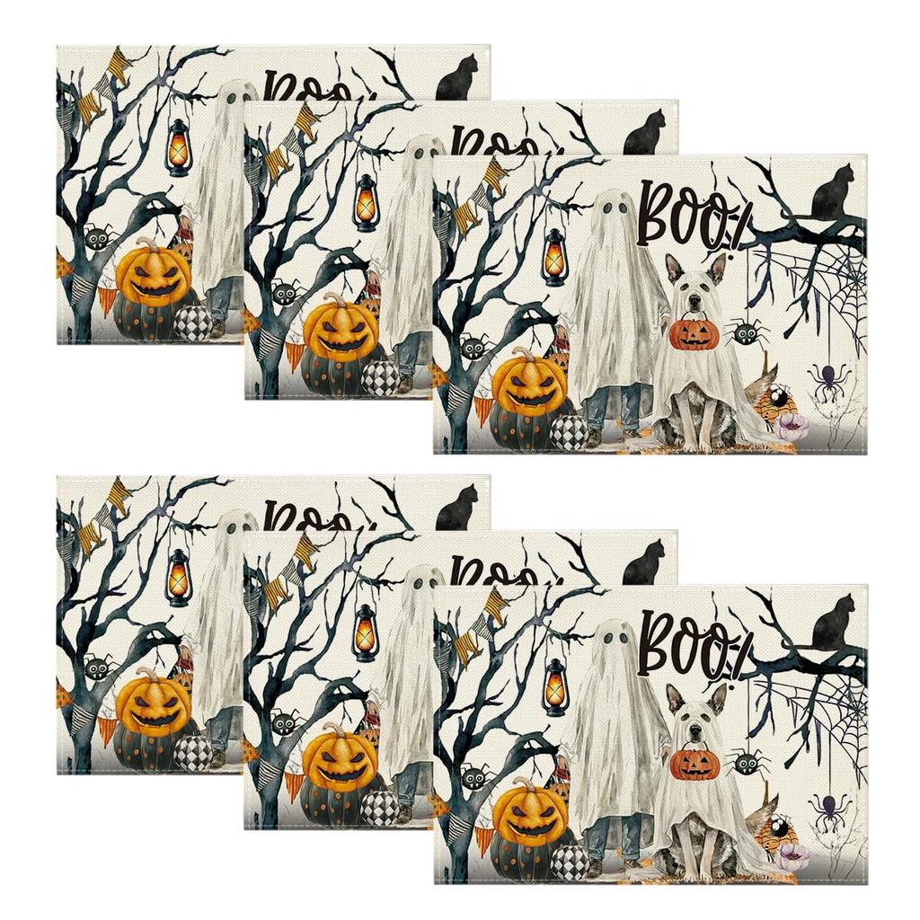 Ghost Pumpkins Tree Dog Boo Halloween Placemats Set of 6, 12x18 Inch Seasonal Fall Holiday Table Mats for Party Kitchen Dining Decoration