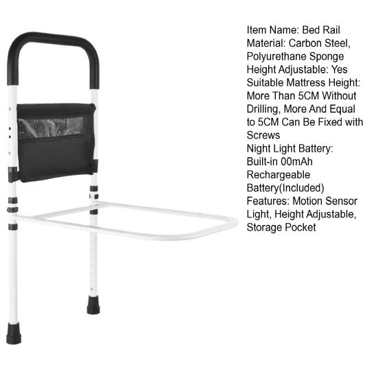 Elderly Adults Safety Bed Rail with Motion Sensor LED Light Seniors Assist Support Grab Bar Bedside Handrail Height Adjustable Bed Side Railing Cane