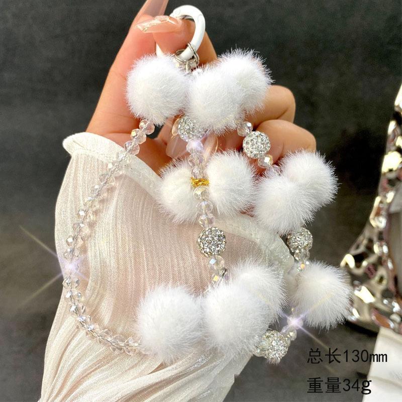 New Style Pom Pom Beaded Phone Chain Crystal Beads Pendant High-end Autumn Winter Pom Pom Double Chain Wrist Hanging Rope