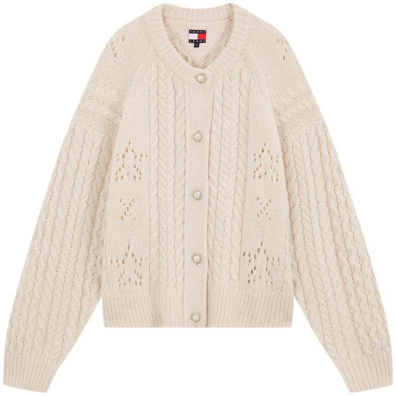 Tommy Hilfiger Cardigan Tommy Girl Serie Trendy Lână Larg Tricotat cu Coarne Gât Rotund Femei cardigane DW22511