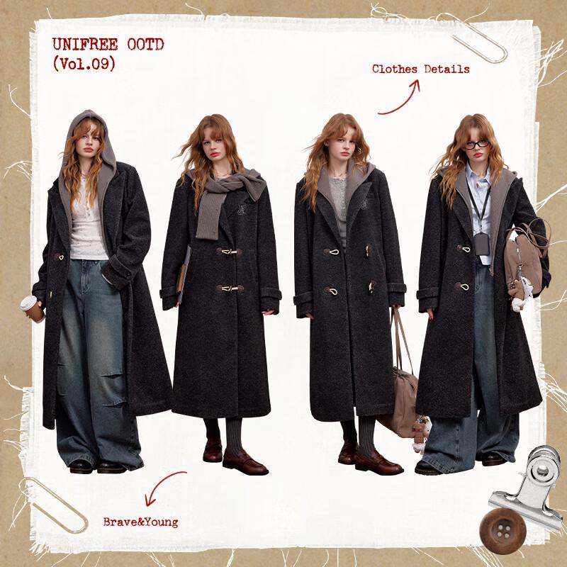 unifree Faux Two-Piece Wool Coat with Knitted Hood