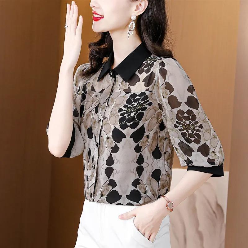 Three-quarter Sleeve Printed Chiffon Shirt for Women Summer New Style Mid-sleeve Shirt for Women with Age-reducing Style and Style