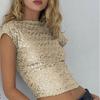 Lato Nowy Seksowny Bez pleców Casualowy T-shirt z cekinami Kobiety Okrągły dekolt Krótki rękaw Dopasowany Damski T-shirt Street Solid Prosty Y2K Damski T-shirt Top 26135