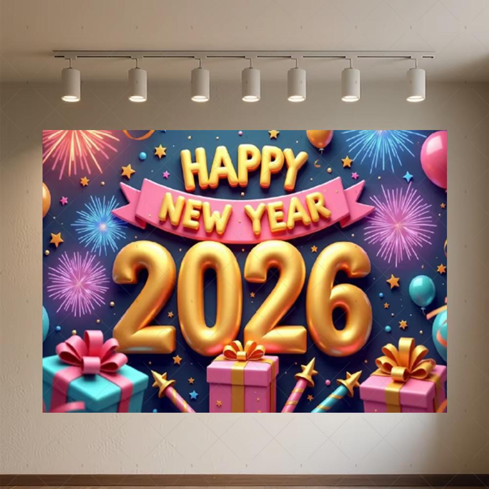 Black Gold New Year Background Banner Glitter 2026 Happy New Year Backdrop Supplies Balloons New Year Party Decoration Gifts