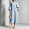 Women's 3D Floral Sleeves Round Neck Button Front Loose Fit Midi Dress for Vacation