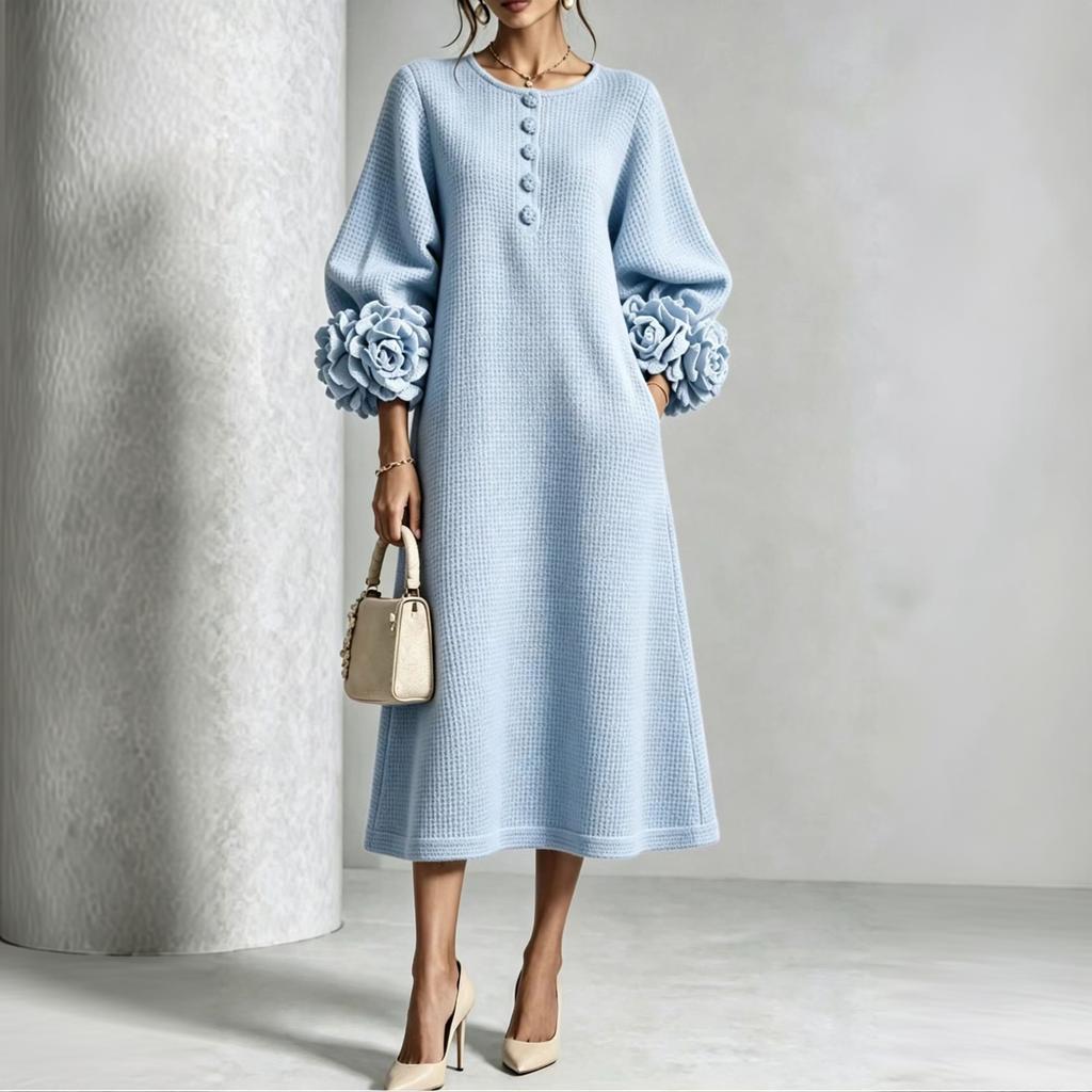 Women's 3D Floral Sleeves Round Neck Button Front Loose Fit Midi Dress for Vacation