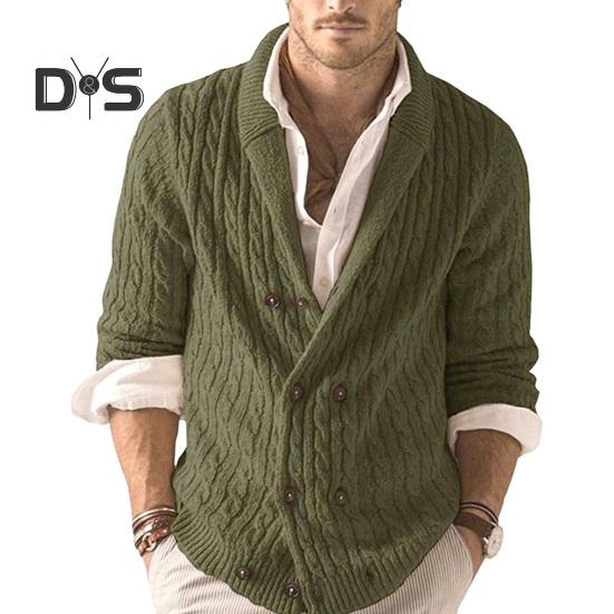 

Осень-зима мужской свитер двубортный с пуговицами и лацканами, длинные рукава, скрученная фактура, однотонное толстое эластичное трикотажное пальто XL армия зеленый