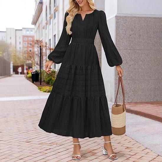Black V-Neck Long Sleeve Flared Dress with Textured Fabric and Waist Gather