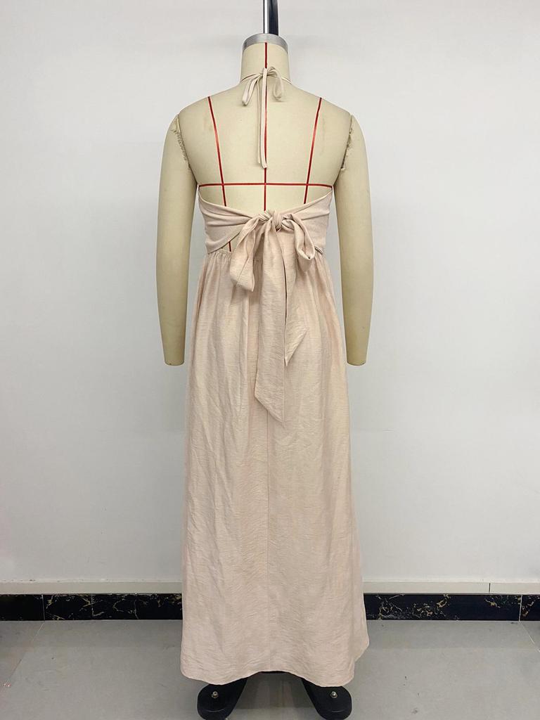 New 2026 Casual Resort Halter Maxi Dress with Backless Bow Tie Design