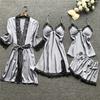 New Stain Black Lace Fashion Women Sleepwear With Chest Pad Nightdress Shorst Cardigan Set Pajamas