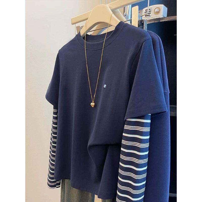 

Смугаста футболка з довгим рукавом зі вставками та вишивкою для жінок, осіння новинка, імітація двох предметів, базова сорочка L синій