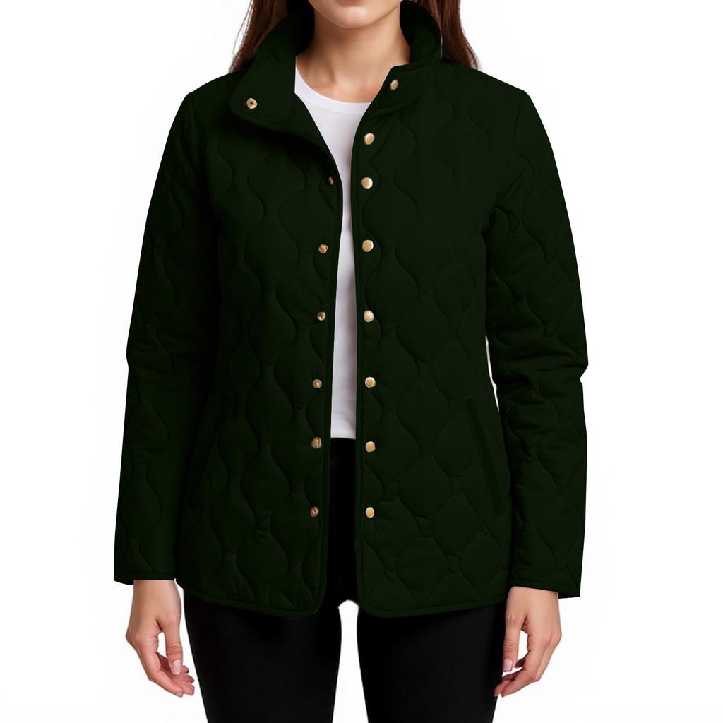Women's Solid Color Stand-Up Collar Pleated Cotton Long Sleeve Button-Up Jacket