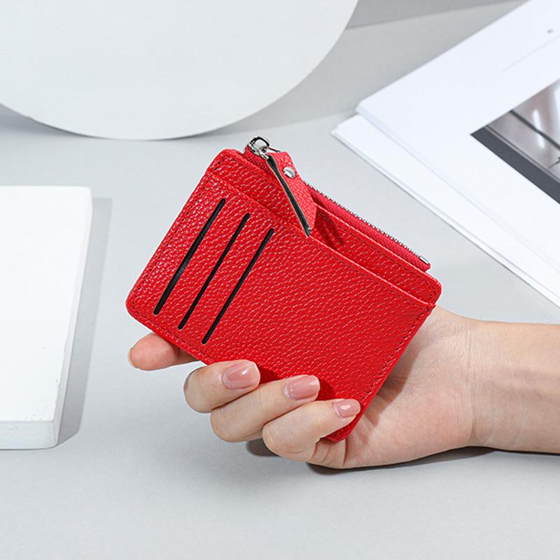 Zipper Women's Card Holder - Compact Multi-Card Slot Lychee Pattern Coin Purse, Ultra-Thin Wallet Korean Style.