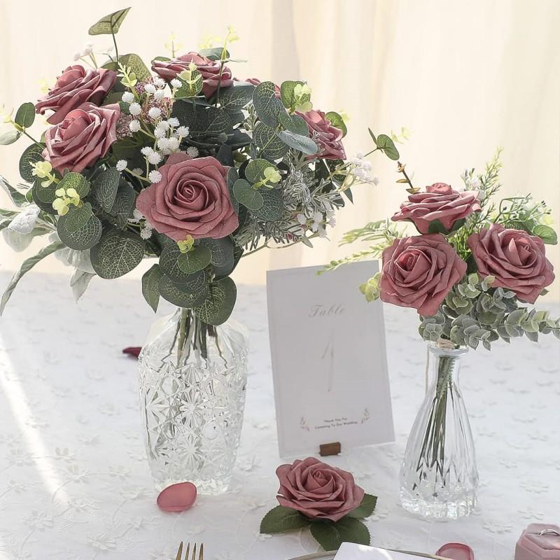 Artificial Flowers 25pcs Real Looking Dusty Rose Foam Fake Roses with Stems for DIY Wedding Bouquets Bridal Shower Centerpieces