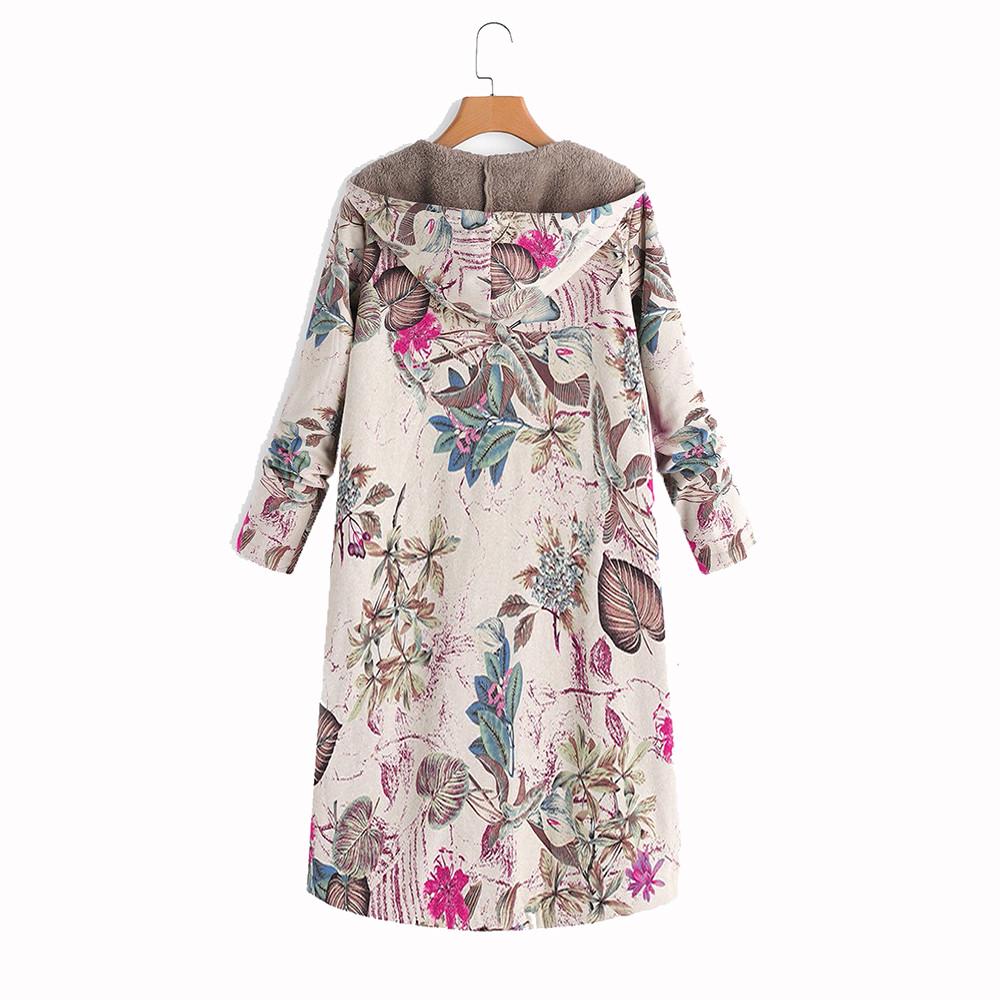 Kvinners vintervarme yttertøy med blomstertrykk Hettelommer Vintage oversize kåper
