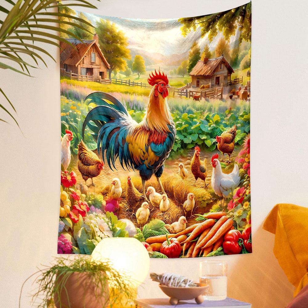 """Hahn mit Hennen in lebendiger Landschaft"" Gemustertes Wandteppich Dekoratives Wandbehang, Haus Schlafzimmer Wohnzimmer Dekor"