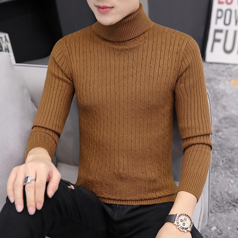 New Men's Turtleneck Sweaters Autumn Knitted Striped Streetwear Warm Long Sleeved Pullover Solid Color Basic Style Casual Tops