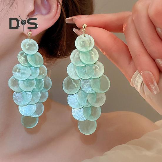 1 Pair Long Style Multi-Layer Drop Earrings Translucent Metal Needle Design Artificial Crystal Shell Tassel Earrings