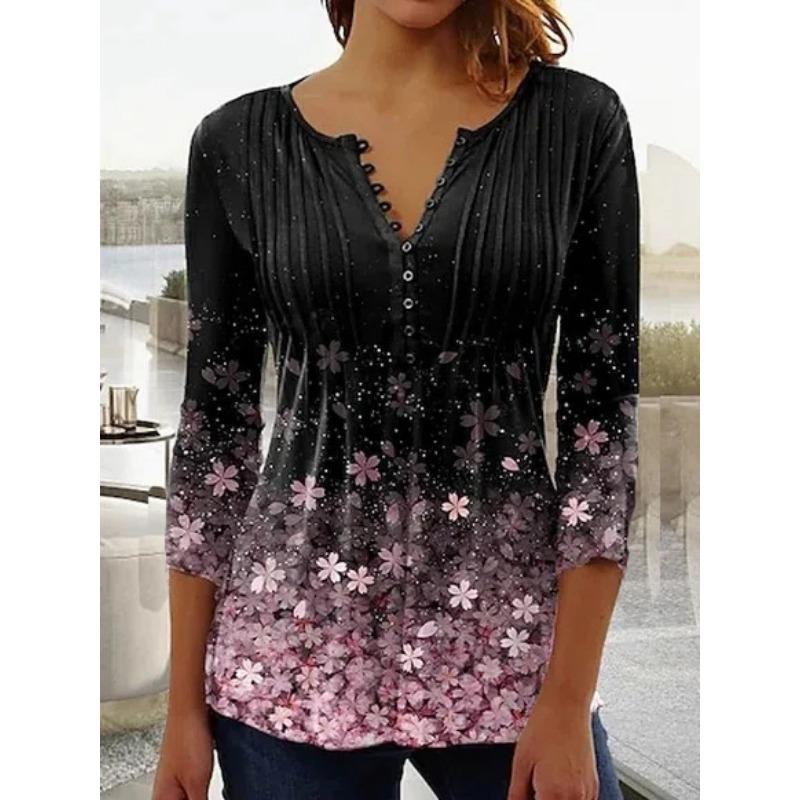 Spring and Summer Women's Blouse Fashion New Women's Floral Print V-neck Short-sleeved Pleated Buttons T-shirt