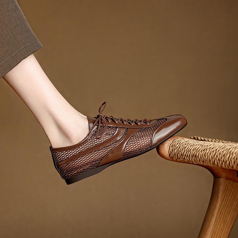 Fashion 2025 New Autumn Genuine Leather Woman Shoes Square Toe Women Flats Lace Up Loafers Flat with Flat Ladies Shoes
