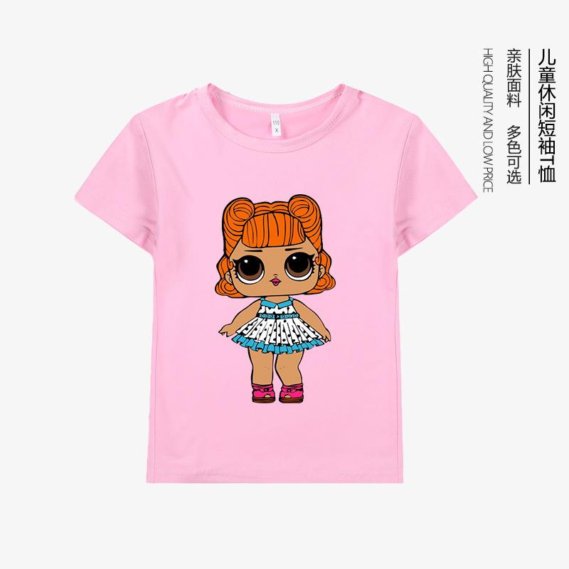 New Children's Short-sleeved European and American Girls T-shirt Doll Cartoon Printed Pattern Round Neck Top Clothes