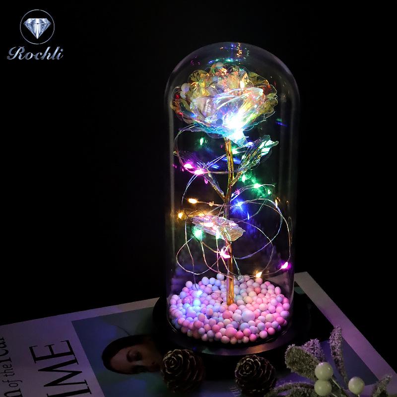 Rose Flower Preserved in Glass Dome with Night Light - Mother's Day or Birthday Gift Ornament