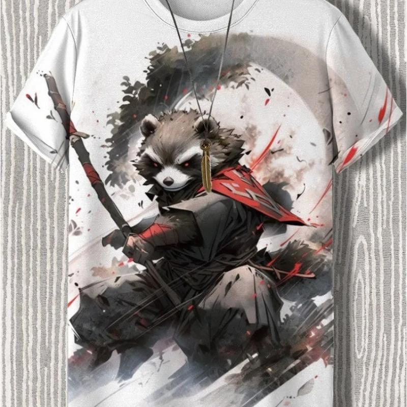 Maglietta da uomo in stile giapponese con grafica Samurai Cat, stampata in 3D, casual, a maniche corte, per esterni, abbigliamento da uomo oversize