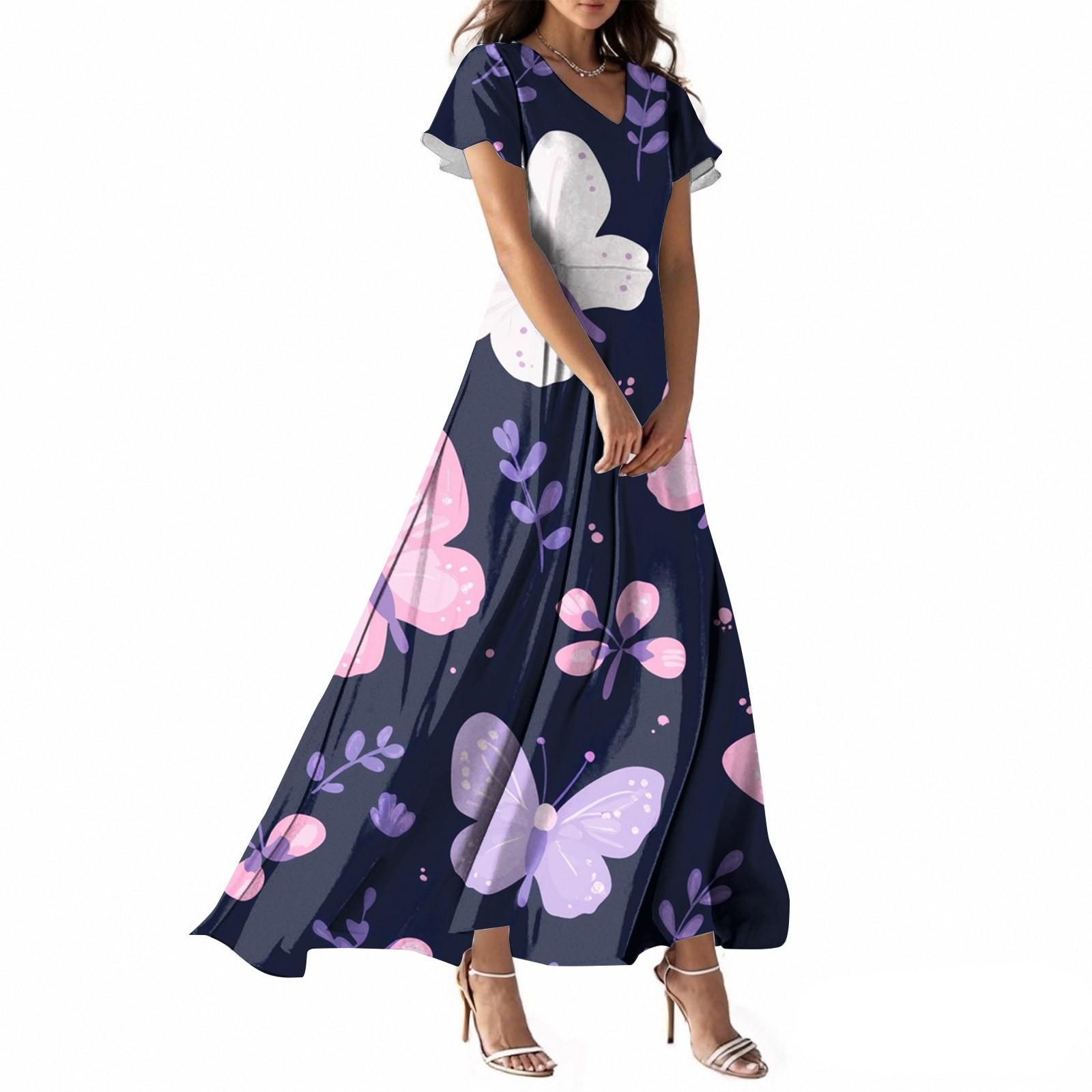 Women s Summer Casual Fashion Butterfly Print Dress V Neck Short Sleeve Dress L темно-фиолетового