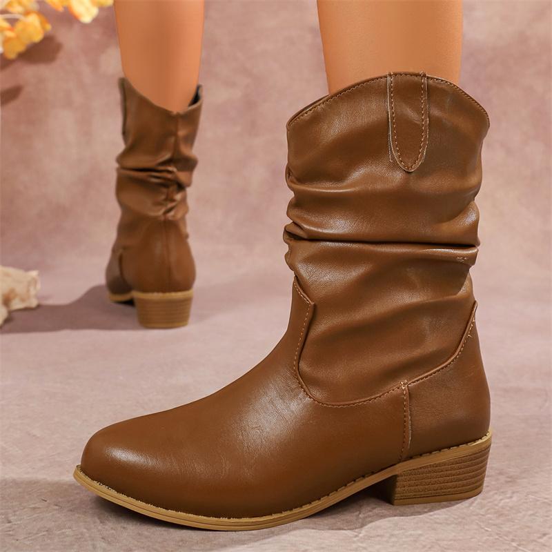 Western Cowboy Boots Maillard Women s Mid Calf Leather Boot Pointed Fashion High Top Boot Autumn Stack Heel Ankle Cowgirl Boots 36 4200₽