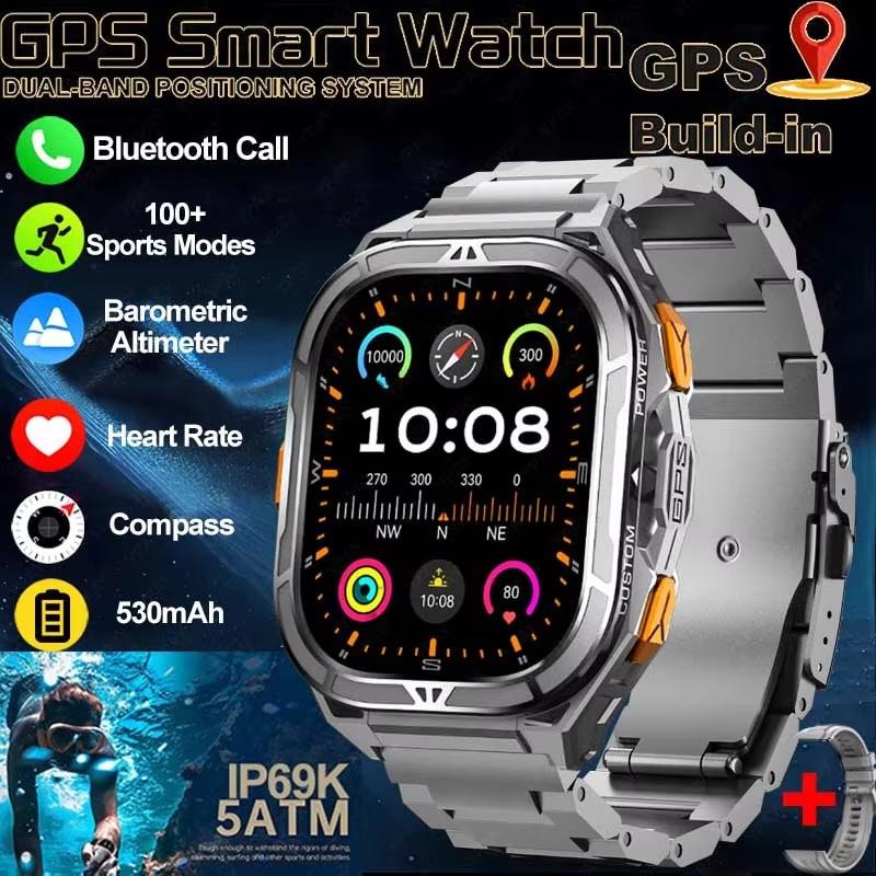 New GPS Track Smart Watch Men 5ATM Waterproof 1.96" Always Display Compass Heart Rate 530mAh Battery BT Call Smartwatch