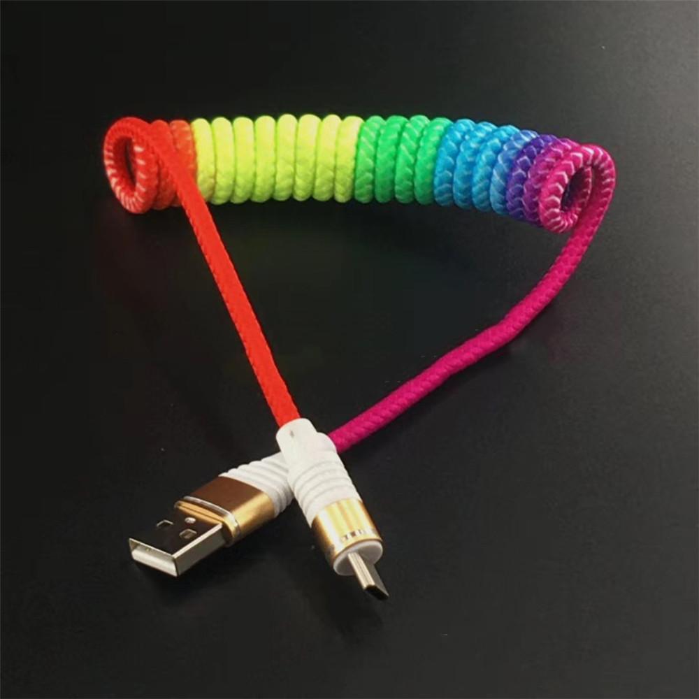 Spring Cable Rainbow Retractable 3A Fast Charging Data Cable Type C Micro USB Ios Flexible Elastic Stretch Charger For Samsung
