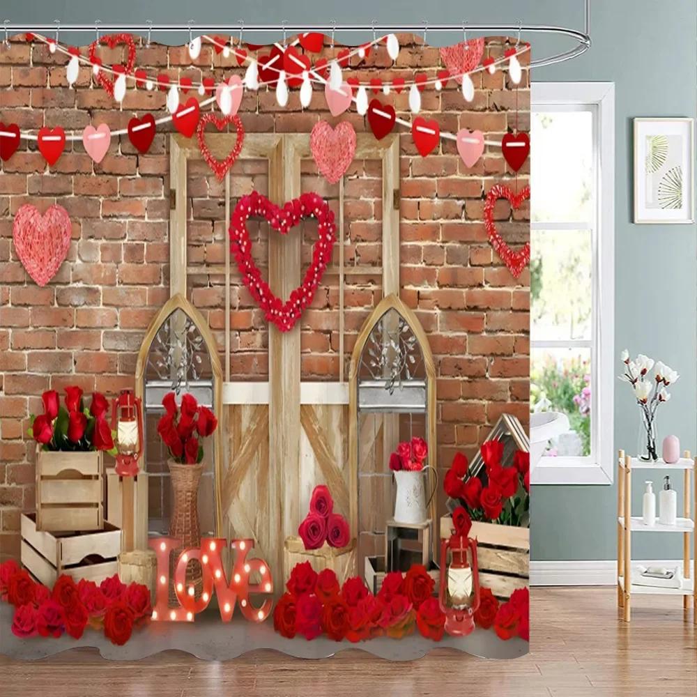 Valentine's Day Decoration Shower Curtain Holiday Gift Party Background Decoration Fabric Washable Shower Curtain Bathroom Decor