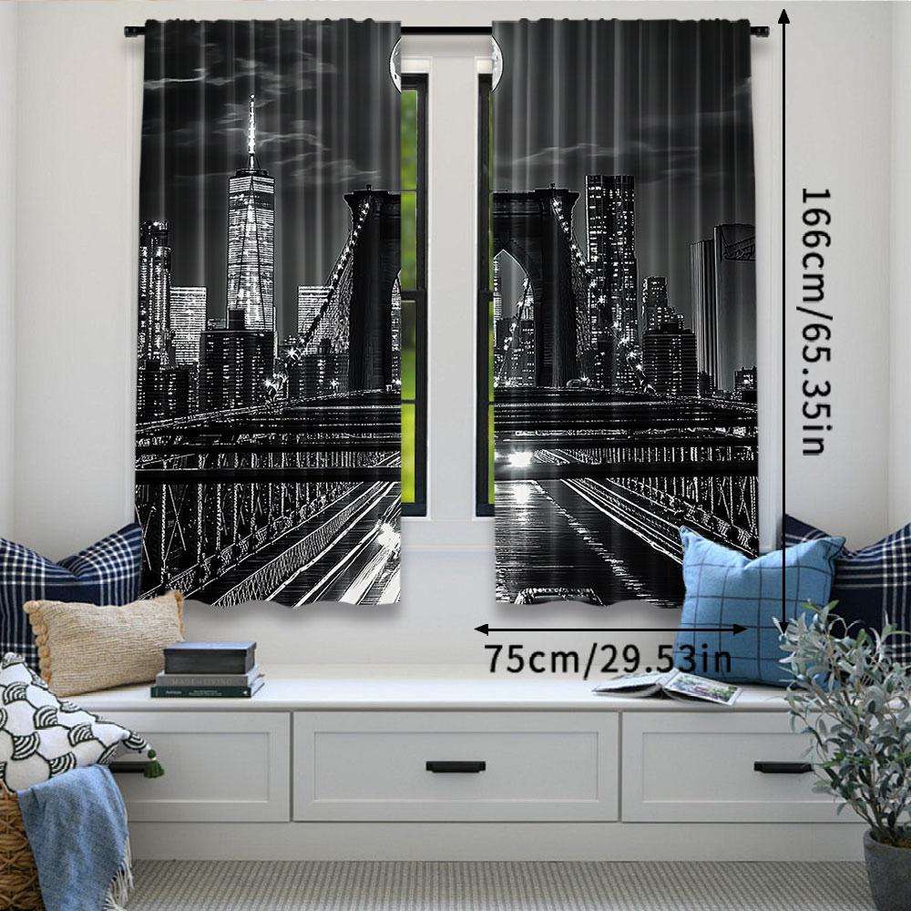 2 stk Svart og Hvit Gardin New York City Nattscene Byliv Brooklyn Manhattan Passer Til Soverom Stue Spisestue